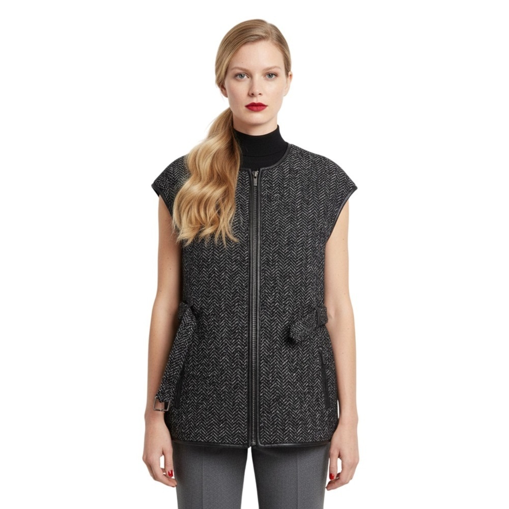 TORY BURCH BLACK WHITE WOOL LEATHER SLEEVELESS LIGHT BELTED  BELT JACKET